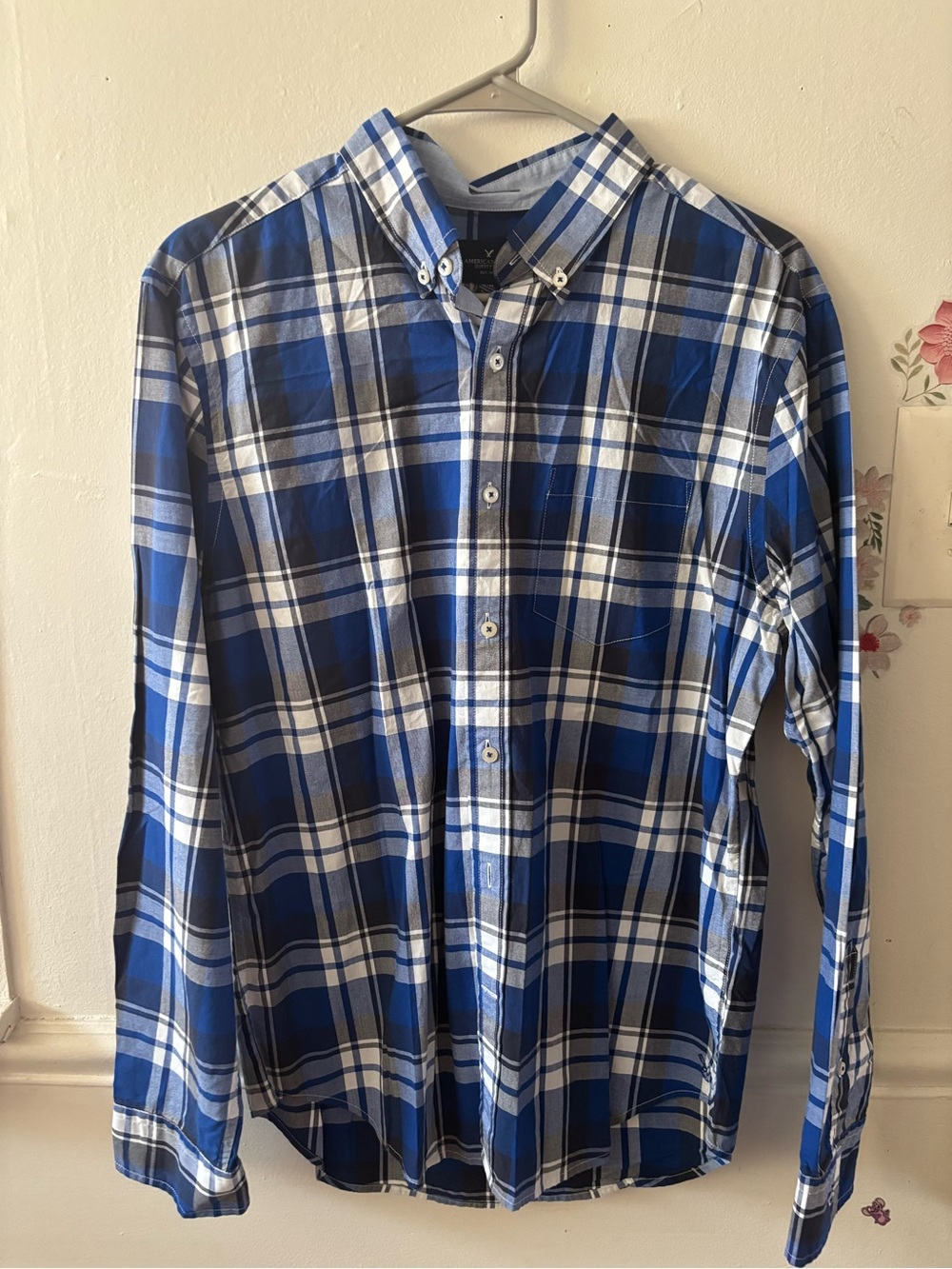 American Eagle Outfitters Blue and White Plaid Button-Down Shirt